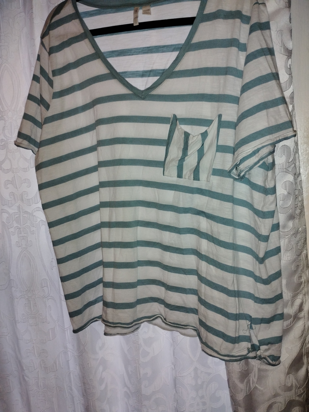 Cato Striped V-Neck Pocket Tee - Sage Green and White